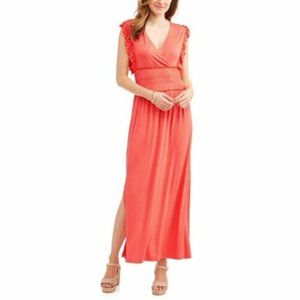 Time & Tru Faux Wrap V-neck Maxi Dress Flutter Sleeves Smock Waist Coral Fire M